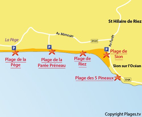 Map of Pége Beach in Saint Hilaire de Riez