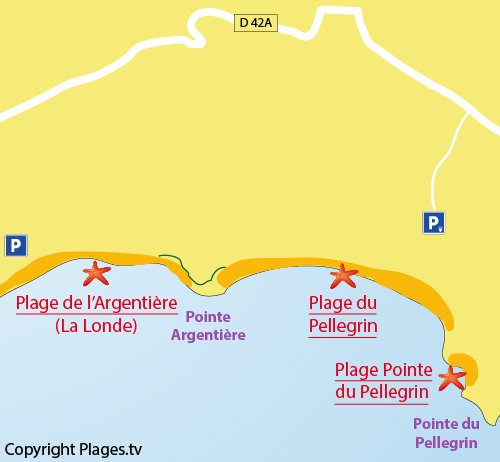 Map of the Pellegrin Beach in Bormes les Mimosas - France