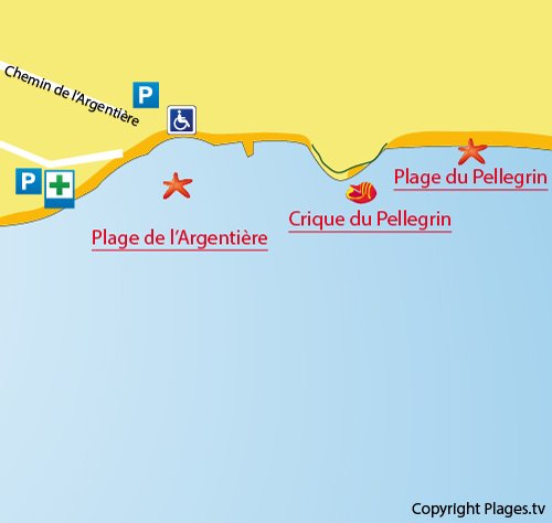 Mappa della spiaggia del Pellegrin a La Londe in Francia