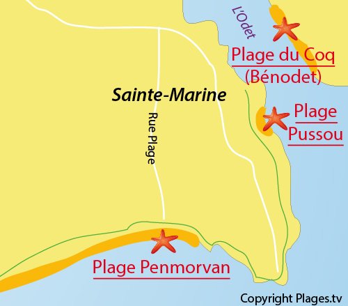 Carte de la plage de Pen Morvan à Sainte Marine - Combrit