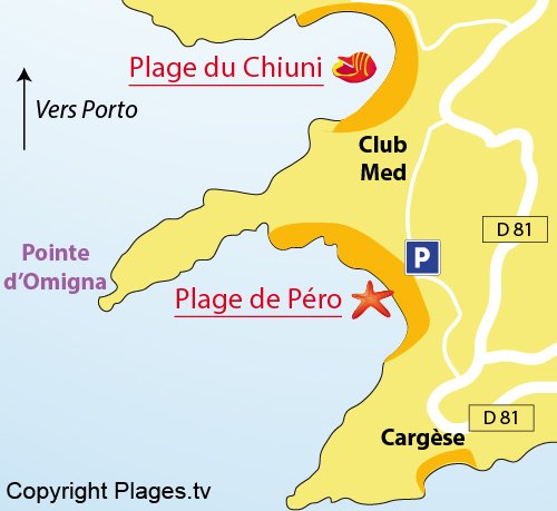 Map of Pero Beach in Cargèse (Corsica)