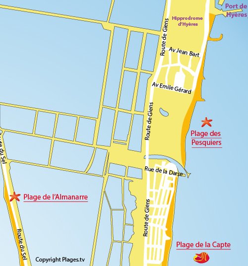 Map of Pesquiers Beach in Hyères