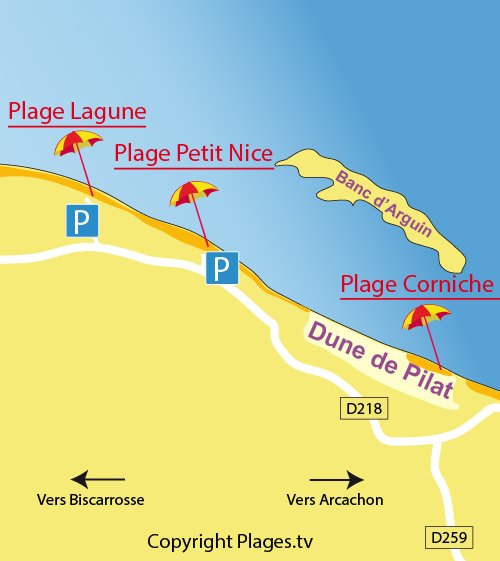 Map of Petit-Nice Beach in Pyla sur Mer