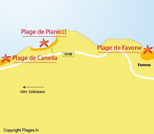 Carte de la plage de Pianicci à Solenzara (proche Favone)