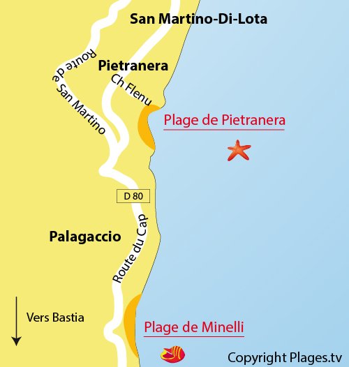 Map of Pietranera Beach in Bastia