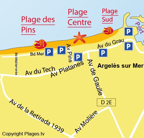 Map of Pins Beach in Argelès sur Mer