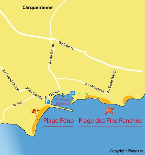 Map of Pins Penchés Beach in Carqueiranne