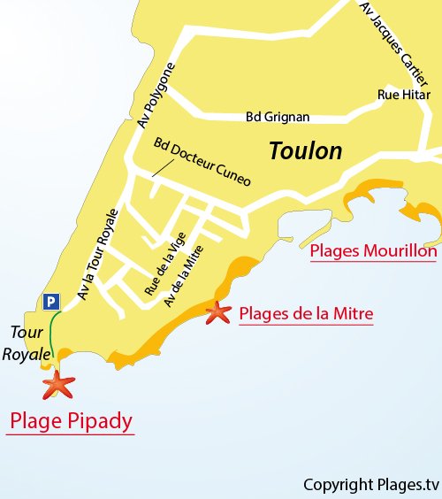 Carte de la plage de Pipady à Toulon