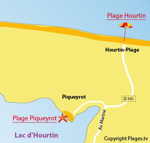 Plan de la plage de Piqueyrot au bord du lac d'Hourtin