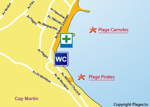 Karte des Strandes der Piraten in Roquebrune Cap Martin