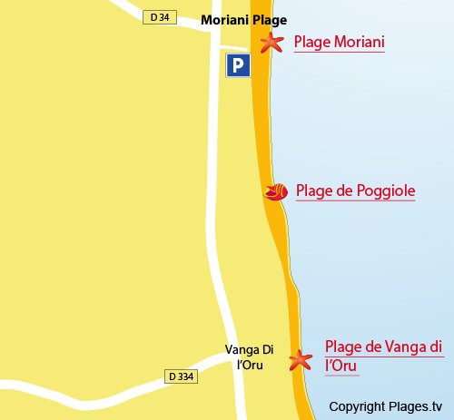 Map of Poggiole Beach in Moriani in Corsica