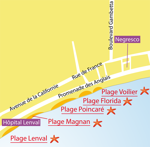 Karte des Strandes Poincaré in Nizza