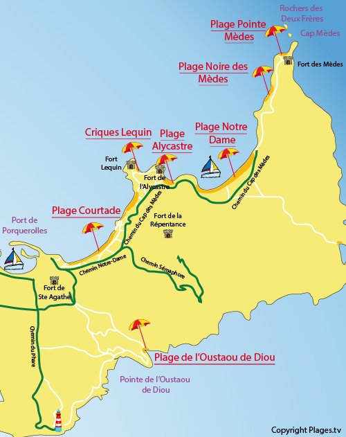 Map of Pointe des Medes Beach in Porquerolles