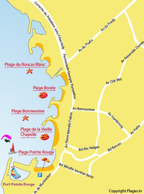 Map of Pointe Rouge Beach in Marseille