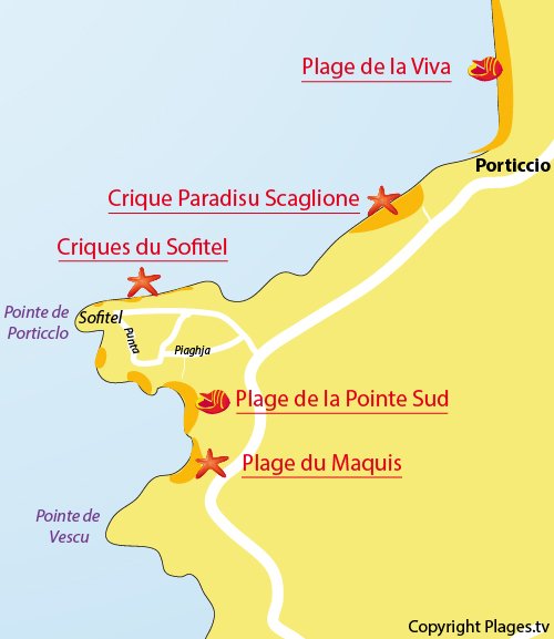 Carte de la plage de la Pointe Sud de Porticcio