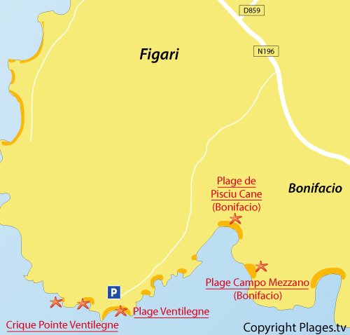 Carte des criques au niveau de la pointe de Ventilegne à Figari