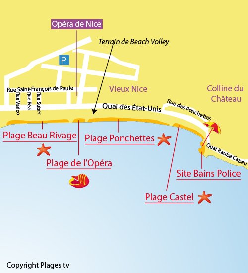 Map of the Ponchettes Beach in Nice