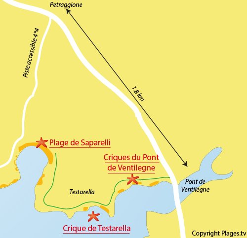 Carte des criques autour du pont de Ventilegne à Bonifacio