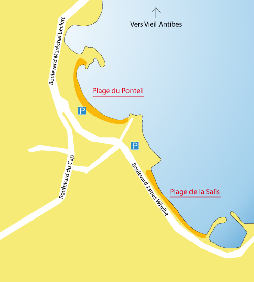 Carte de la plage du Ponteil à Antibes