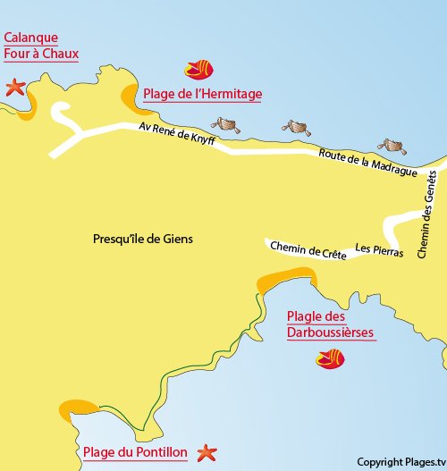 Map of Pontillon Escampo Bariou Beach in Hyères