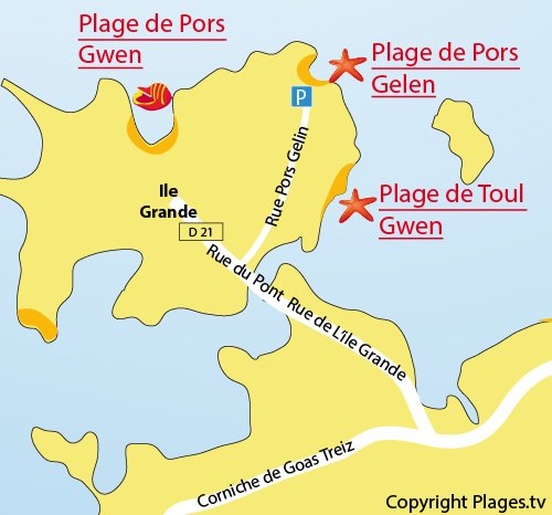 Carte de la plage à côté de la base nautique de l'Ile Grande (Pleumeur Bodou)