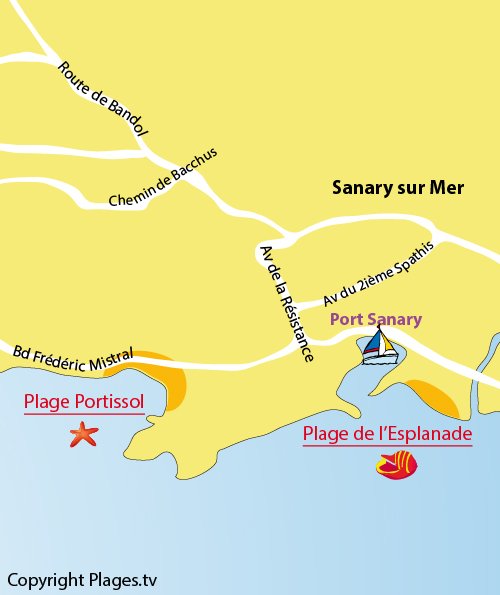 Map of Portissol Beach in Sanary sur Mer