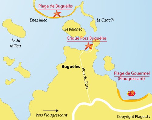 Carte de la plage de Porz Bugueles à Penvénan