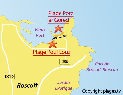 Carte de la plage de Porz ar Gored à Roscoff