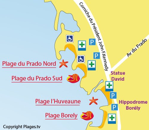 Mappa della Spiaggia del Prado Sud a Marsiglia