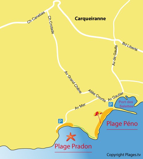 Map of Pradon Beach in Carqueiranne