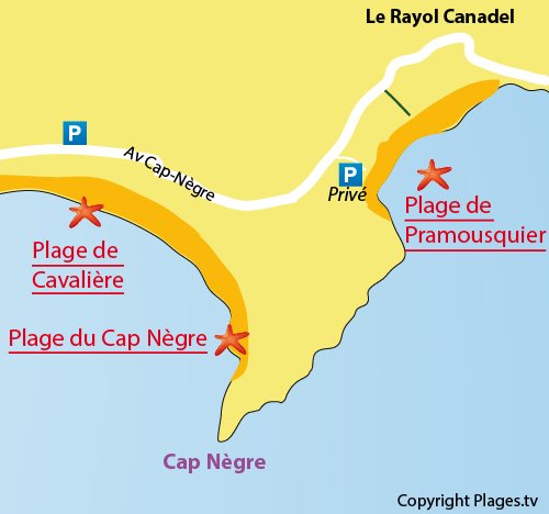 Map of Pramousquier Beach in Rayol Canadel - France