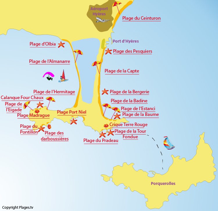 Plan des plages sur la presqu'île de Giens dans le Var