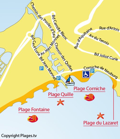 Carte de la plage des Quilles à Sète