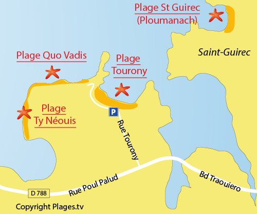 Map of Quo Vadis Beach in Trégastel