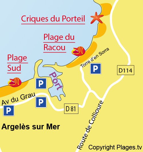 Map of Racou Beach in Argelès sur Mer