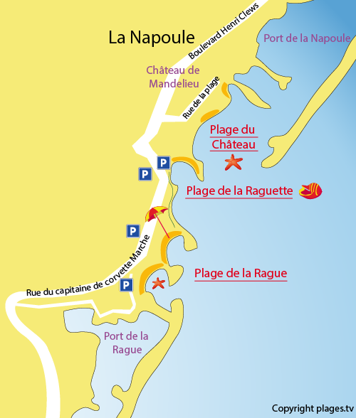 Map of Rague Beach in Mandelieu