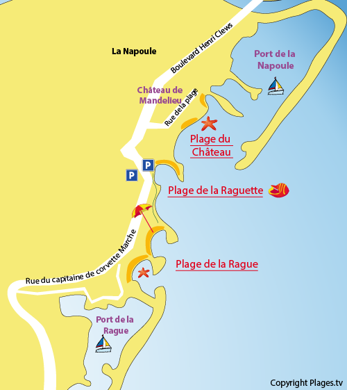 Map of Raguette Beach in Mandelieu