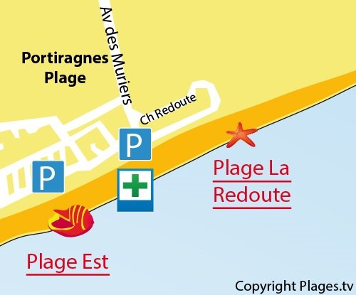 Carte de la plage de La Redoute à Portiragnes