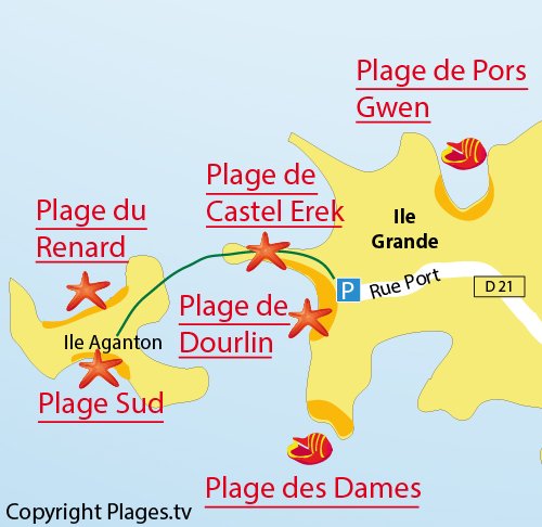 Carte de la plage du Renard sur l'ile d'Aganton - Bretagne