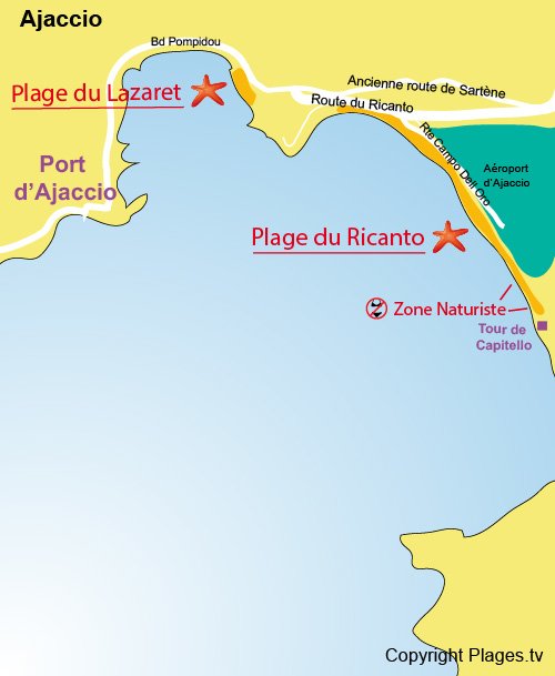 Map of Ricanto and Tahiti Beach in Ajaccio