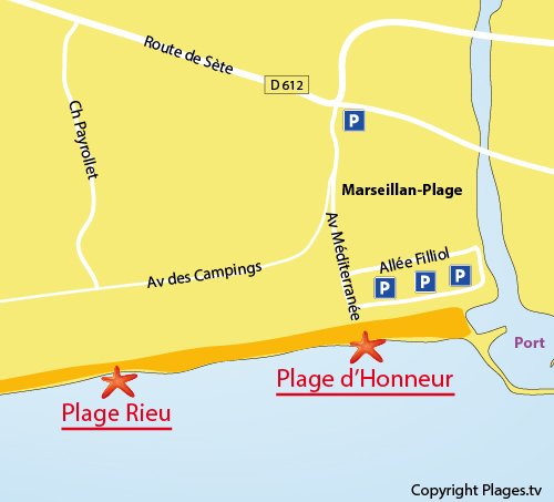 Map of Rieu Beach in Marseillan