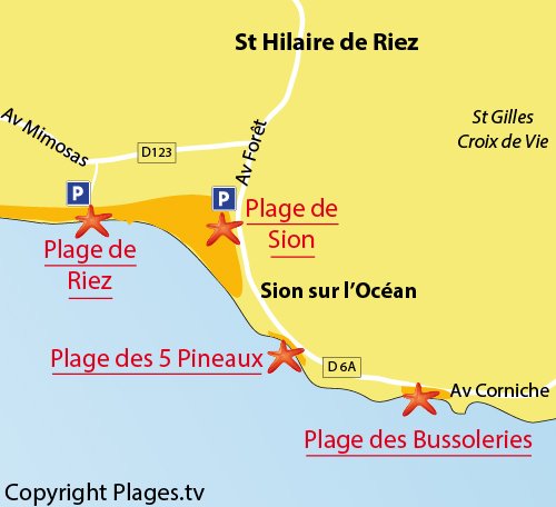 Map of Riez Beach in Saint Hilaire de Riez - France