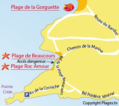 Map of Roc Amour Beach in Sanary sur Mer