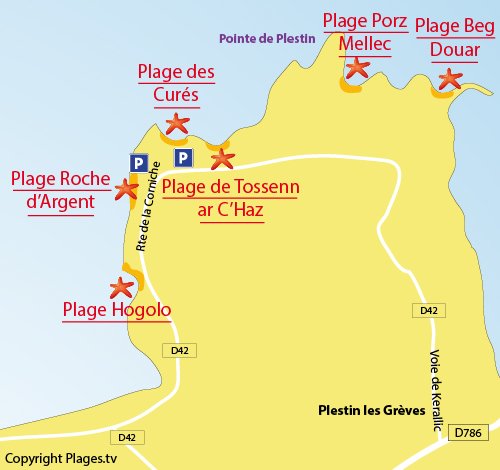 Carte de la plage de la roche d'Argent à Plestin les Grèves