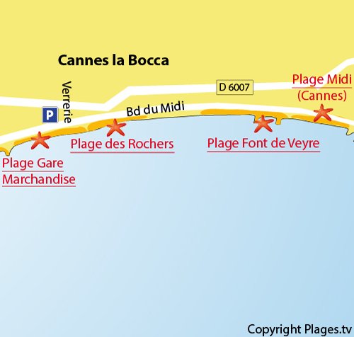 Carte de la plage des Rochers à La Bocca