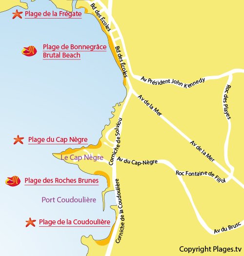 Plan de la plage des Roches Brunes à Six Fours les Plages