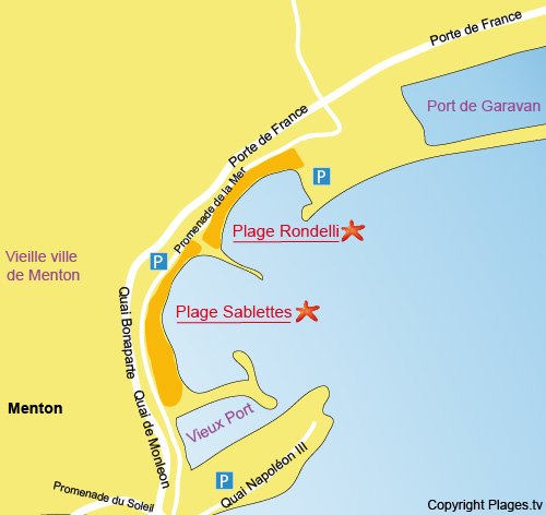 Plan de la plage de Rondelli à Menton