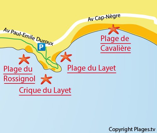 Map of the Rossignol Beach in Lavandou