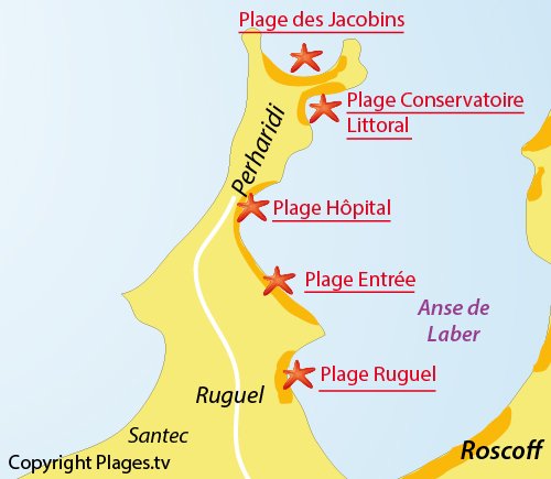 Carte de la plage du Ruguel à Roscoff