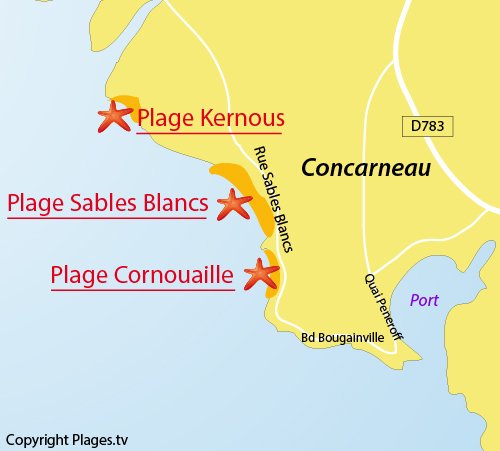 Carte de la plage des Sables Blancs à Concarneau